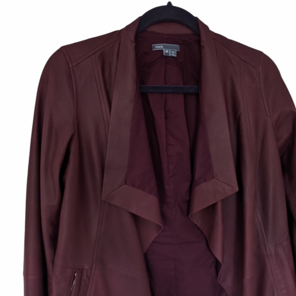 VINCE Leather Burgundy Red Drape Neck Open Jacket Size XS - Picture 4 of 10